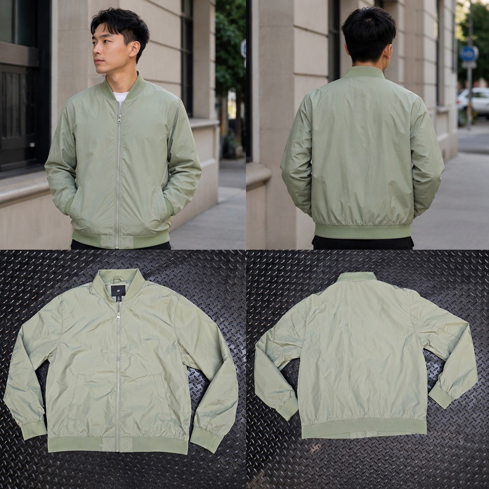 H&M Mens Bomber Jacket Sage Green Lightweight Full Zip Ribbed Trim Size Large